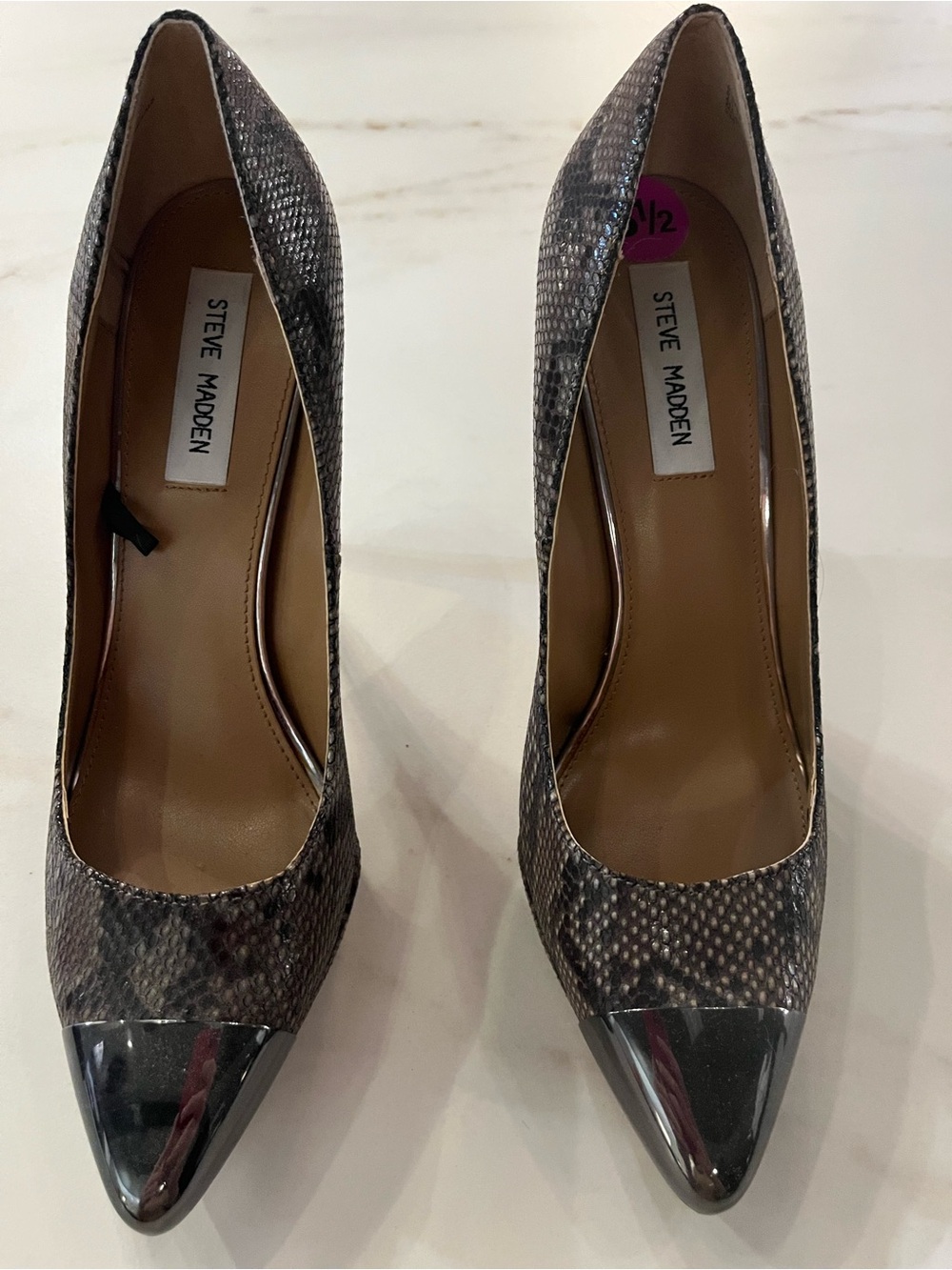 Steve Madden Gray Snake-Print Pointed Toe Pumps with Metallic Cap
